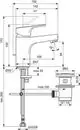 Ideal Standard Armatur mit einem schlanken Design und verschiedenen Maßen, ausgestattet mit einem Chrom-Oberflächenfinish. Detailierte technische Zeichnung mit Anschlussinformationen.
